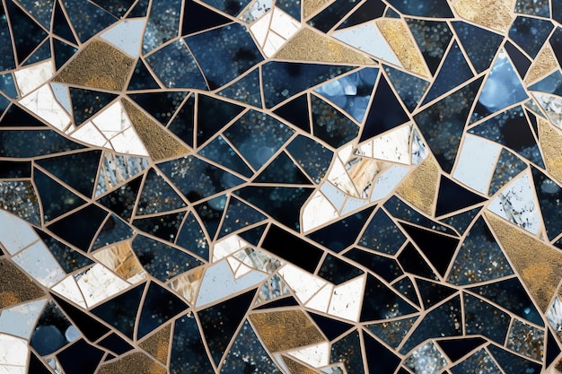 Fond de mosaïque avec des paillettes dorées et bleues composées de différents carreaux de céramique