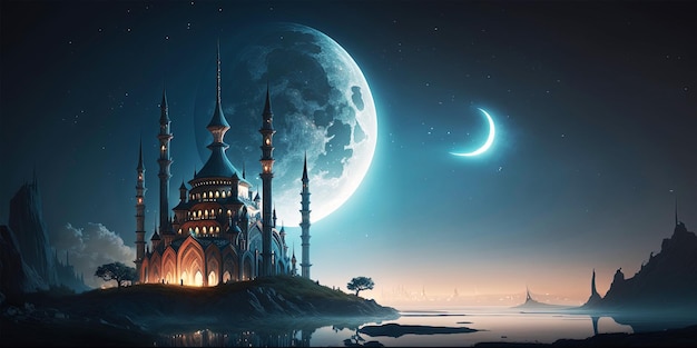 fond de mosquée et de lune et espace vide pour la conception de texte