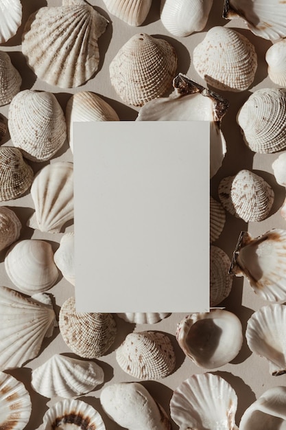 Fond de motif de coquillages beiges et blancs neutres Feuille de carte d'invitation en papier vierge avec espace de copie maquette vide Modèle de médias sociaux de blog minimaliste esthétique