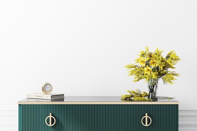 fond de mur blanc dans le salon moderne et la commode verte