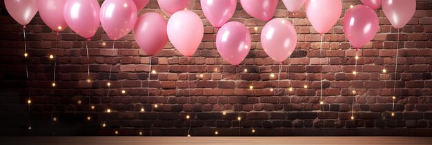 un fond de mur de brique orné de lumières et de ballons roses