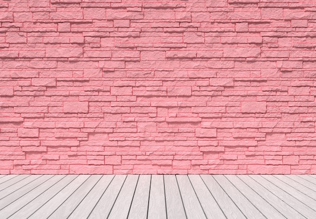 Fond de mur de brique pastel rose et plancher de planche de bois