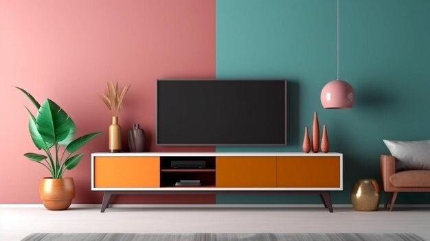 Fond de mur de couleur bicolore Décor de salon moderne avec un meuble tv Generative AI