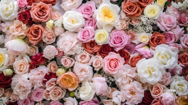 Fond de mur de fleurs AI générative avec des roses fraîches blanches et rose clair pastel et bouquet doux