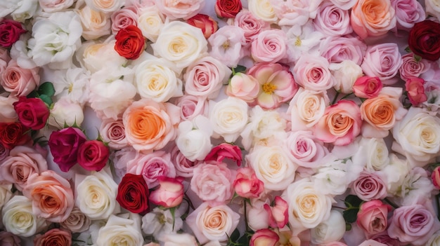 Fond de mur de fleurs AI générative avec des roses fraîches blanches et rose clair pastel et bouquet doux