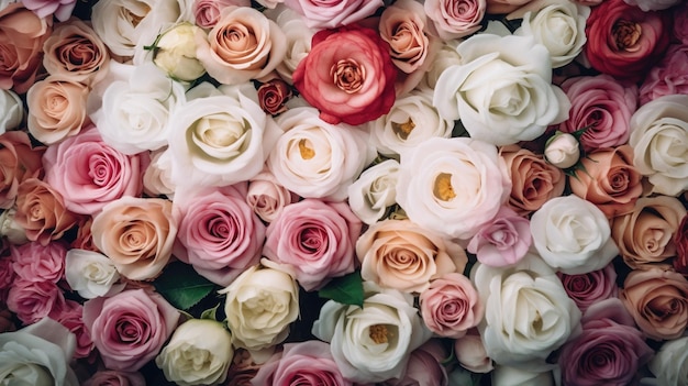 Fond de mur de fleurs AI générative avec des roses fraîches blanches et rose clair pastel et bouquet doux