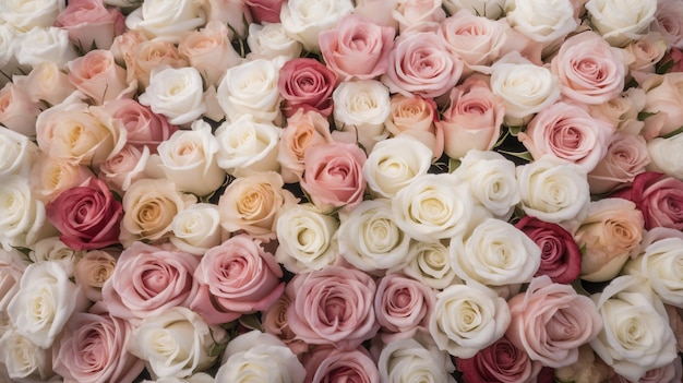 Fond de mur de fleurs AI générative avec des roses fraîches blanches et rose clair pastel et bouquet doux