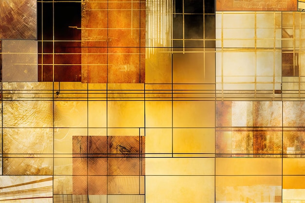 Fond de mur de verre quadrillé brun jaune avec collage d'art moderne créé avec générative ai