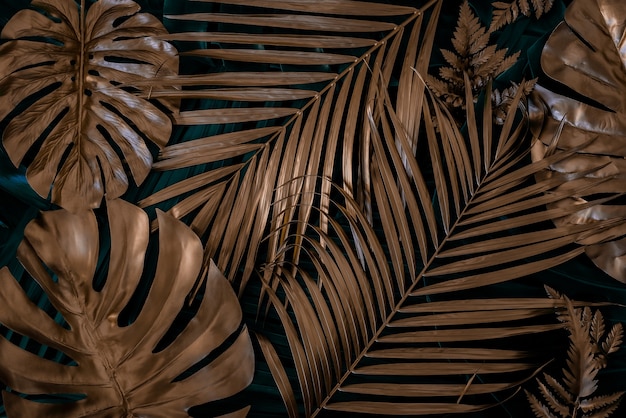 Fond De Nature Créative Monstera Tropical Or Et Vert Et Feuilles De Palmier Abstrac D'été Minimal