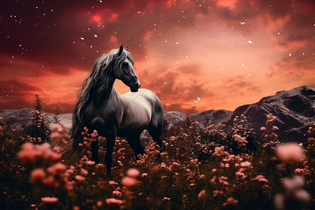 Photo fond de nature esthétique avec fleurs roses et cheval sur le terrain