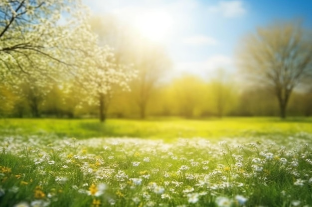 Fond de nature printanière avec des clairières en fleurs et un ciel bleu par une journée ensoleillée dans un style flou