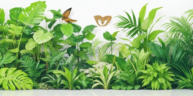 Fond de nature verte avec des plantes tropicales et une illustration en 3D de papillon