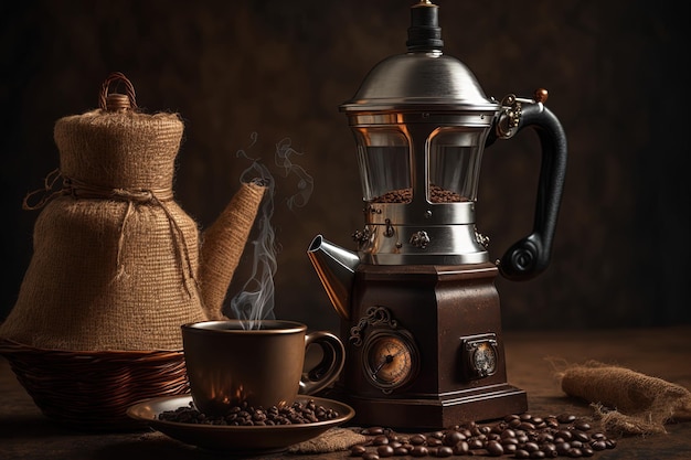 Sur un fond naturel sombre une bouilloire moka et un moulin à café Concept de préparation du café