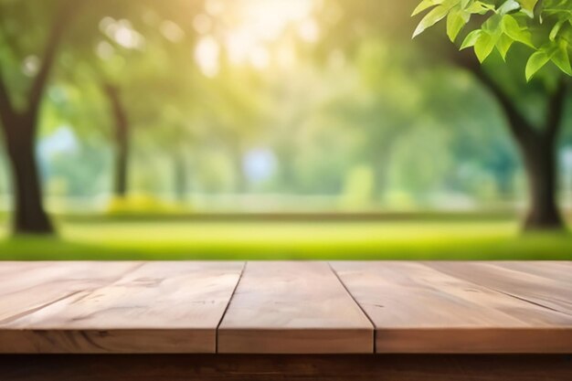 Fond naturel Table en bois pour l'affichage des aliments et des produits sur un jardin d'arbres verts flous Parc flou nature extérieure et table en bois avec fond clair bokeh au printemps et en été