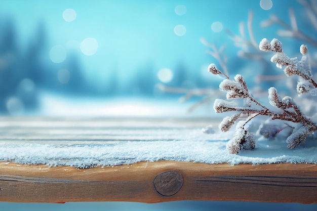 Photo fond de neige avec table en bois