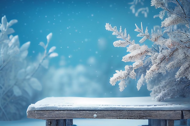 fond de neige avec table en bois