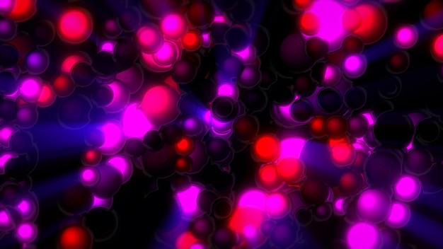 Fond néon abstrait avec des sphères en rotation clignotant au hasard de la lumière rouge et bleue au néon Boules noires tournant dans l'air rendu 3d