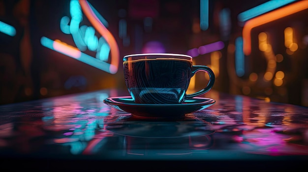 Fond néon avec une tasse de café Illustration Image générée par l'IA