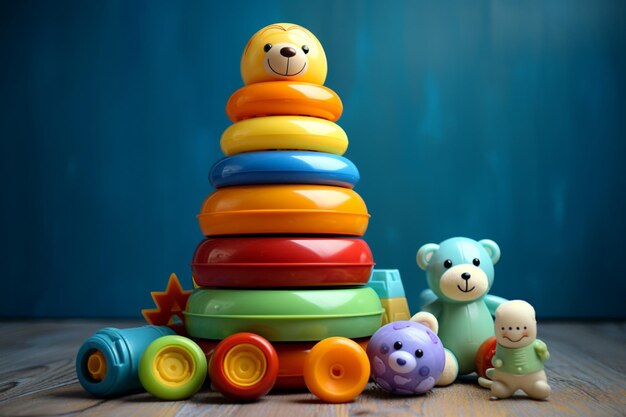 Un fond neutre abrite une gamme ludique de jouets pour bébés