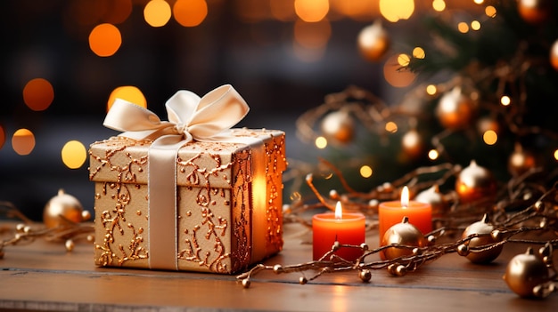 Fond de Noël avec de beaux décors branche d'arbre et boîte-cadeau