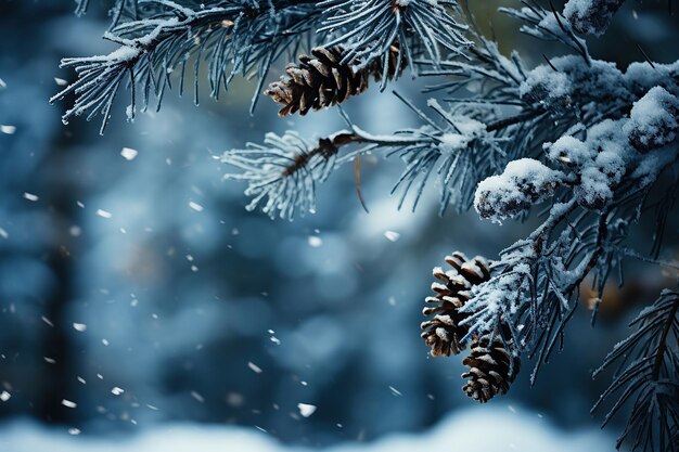 Fond de Noël bleu festif avec des branches d'arbres de Noël et des pommes de pin dans la neige pour la nouvelle année