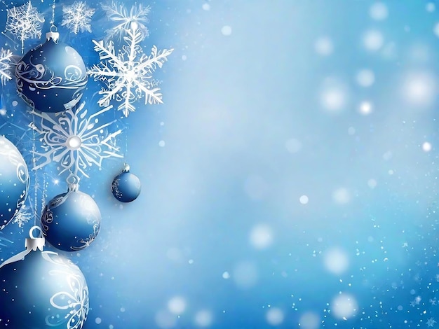 Photo fond de noël bleu avec des flocons de neige et des boules de noël