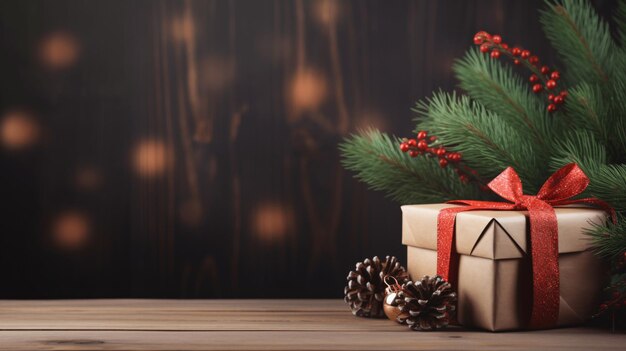 Fond de Noël avec boîte cadeau en bois