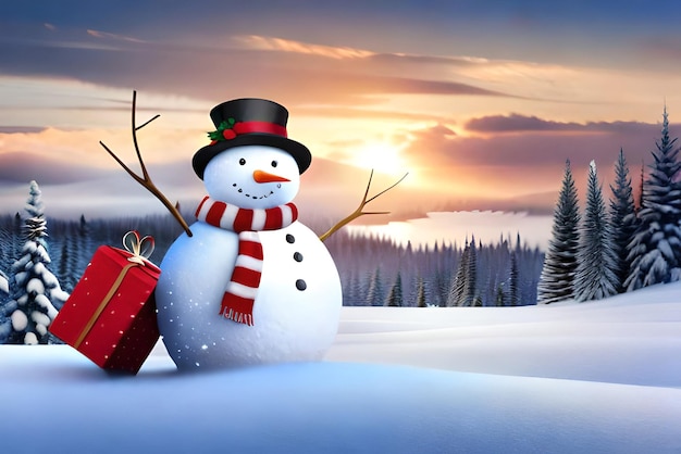 fond de Noël de bonhomme de neige portant des cadeaux avec signe enneigé