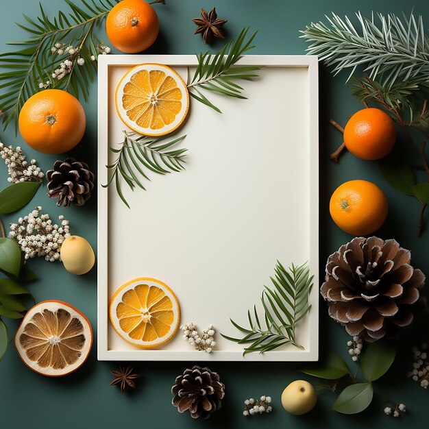 Fond de Noël à cadre blanc Décoration du Nouvel An avec des cônes de pin de branche de sapin et de l'orange