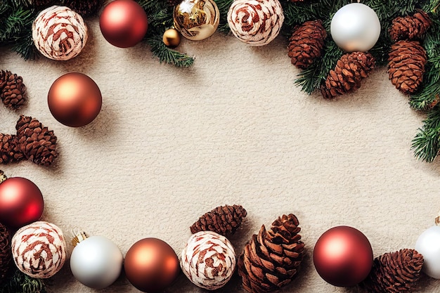 Fond de Noël avec des cônes et des boules Vue de dessus de l'espace de copie Illustration numérique