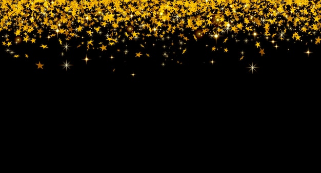 Fond de Noël avec des confettis dorés tombant d'étoiles jaunes sur fond noir