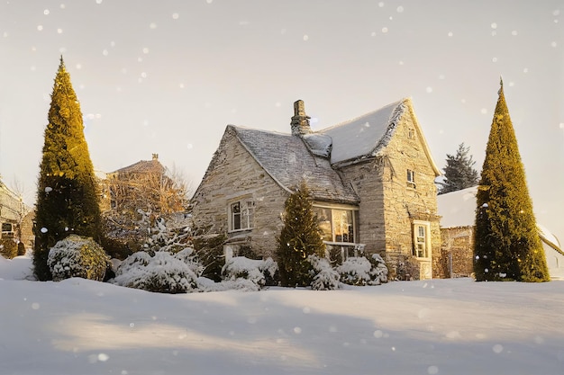 Fond de Noël confortable avec cottage anglais dans le village temps ensoleillé enneigé neige du matin sur le grand arbre de Noël à côté de la maison Carte de voeux