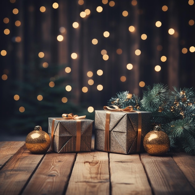 Fond de Noël avec des décorations et des boîtes-cadeaux sur une planche de bois