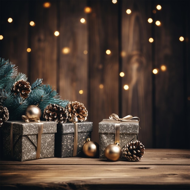 Fond de Noël avec des décorations et des boîtes-cadeaux sur une planche de bois