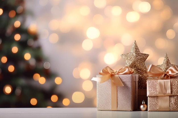 Fond de Noël et du nouvel an Coffrets cadeaux brillants et étoiles près de sapin de Noël décoré sur un mur blanc flou avec espace de copie de lumières Bonne année Célébration de joyeux Noël AI générative