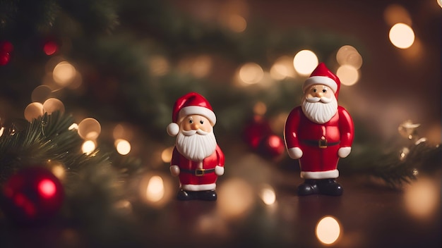 Fond de Noël avec des jouets du Père Noël et des lumières bokeh sur une table en bois