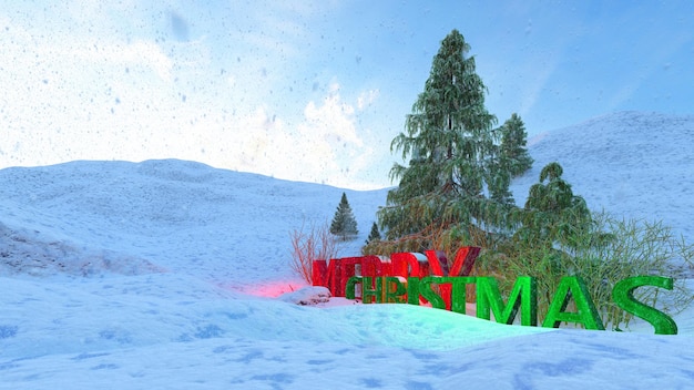 Fond de Noël joyeux avec sapin et neige. Illustration rendu 3D