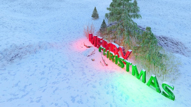 Fond de Noël joyeux avec sapin et neige. Illustration rendu 3D