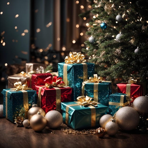 Fond de Noël de luxe avec des cadeaux et des étincelles