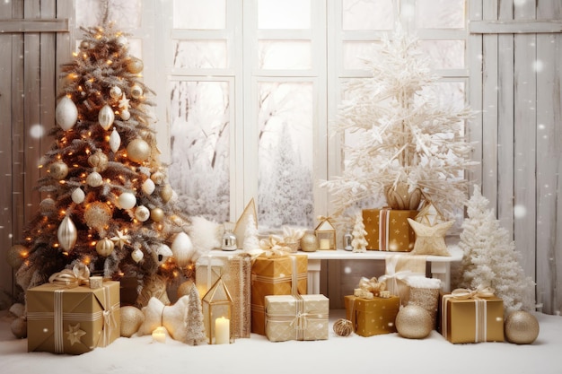 Fond de Noël de luxe avec décorations d'ornement de boîte-cadeau et ton chaud doré blanc