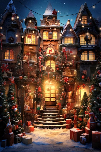 Fond de Noël Maison de Noël enneigée décorée