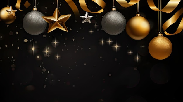 Fond de Noël avec des rubans de boules dorées et noires et des flocons de neige