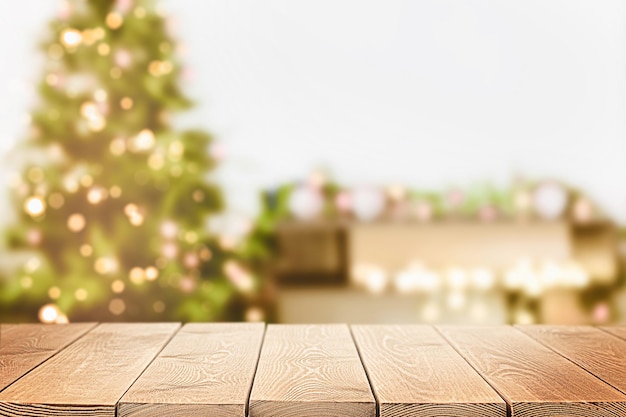 Fond de Noël avec table en bois pour l'espace de copie