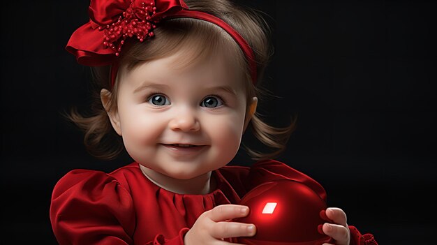 Sur un fond noir, un adorable enfant vêtu de rouge avec un nœud rouge joue avec une balle rouge.