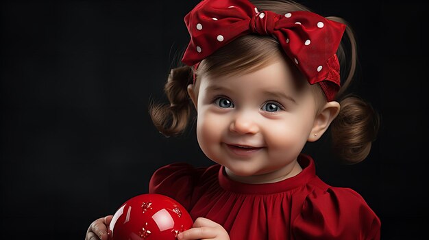 Sur un fond noir, un adorable enfant vêtu de rouge avec un nœud rouge joue avec une balle rouge.