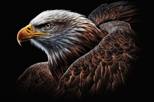 Fond noir avec un aigle chauve nord-américain furieux