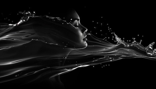 Fond noir Beau visage de femme avec de l'eau qui coule sur fond noir 3d