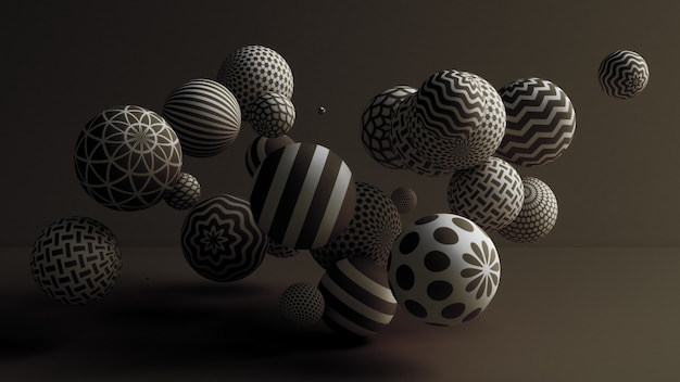 Fond noir avec des boules. Illustration 3D, rendu 3D.