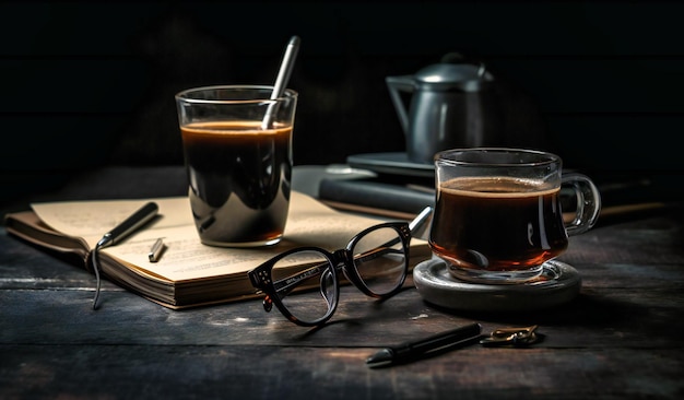 Un fond noir dans le café avec des tasses à café