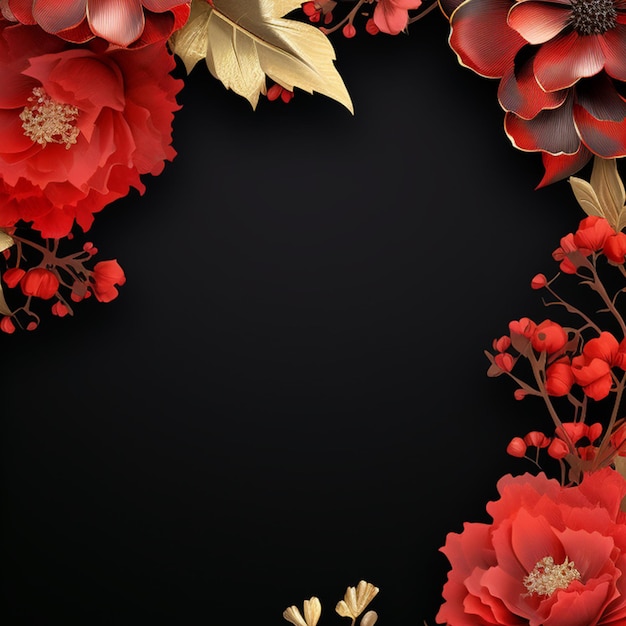 fond noir avec une décoration florale rouge et dorée